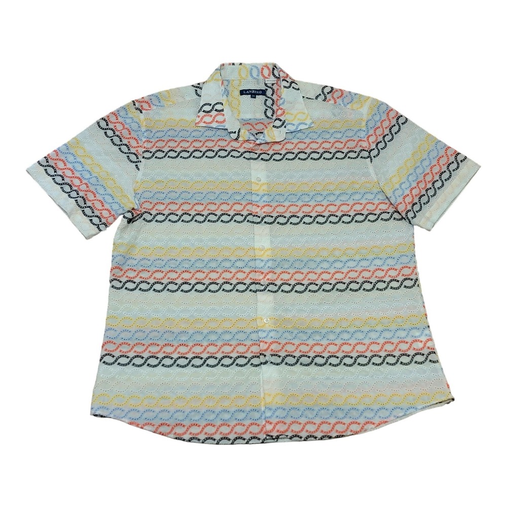 Lanzino Mens Stitched Embroidered Button Up Shirt Multicolor Short Sleeve 3XL